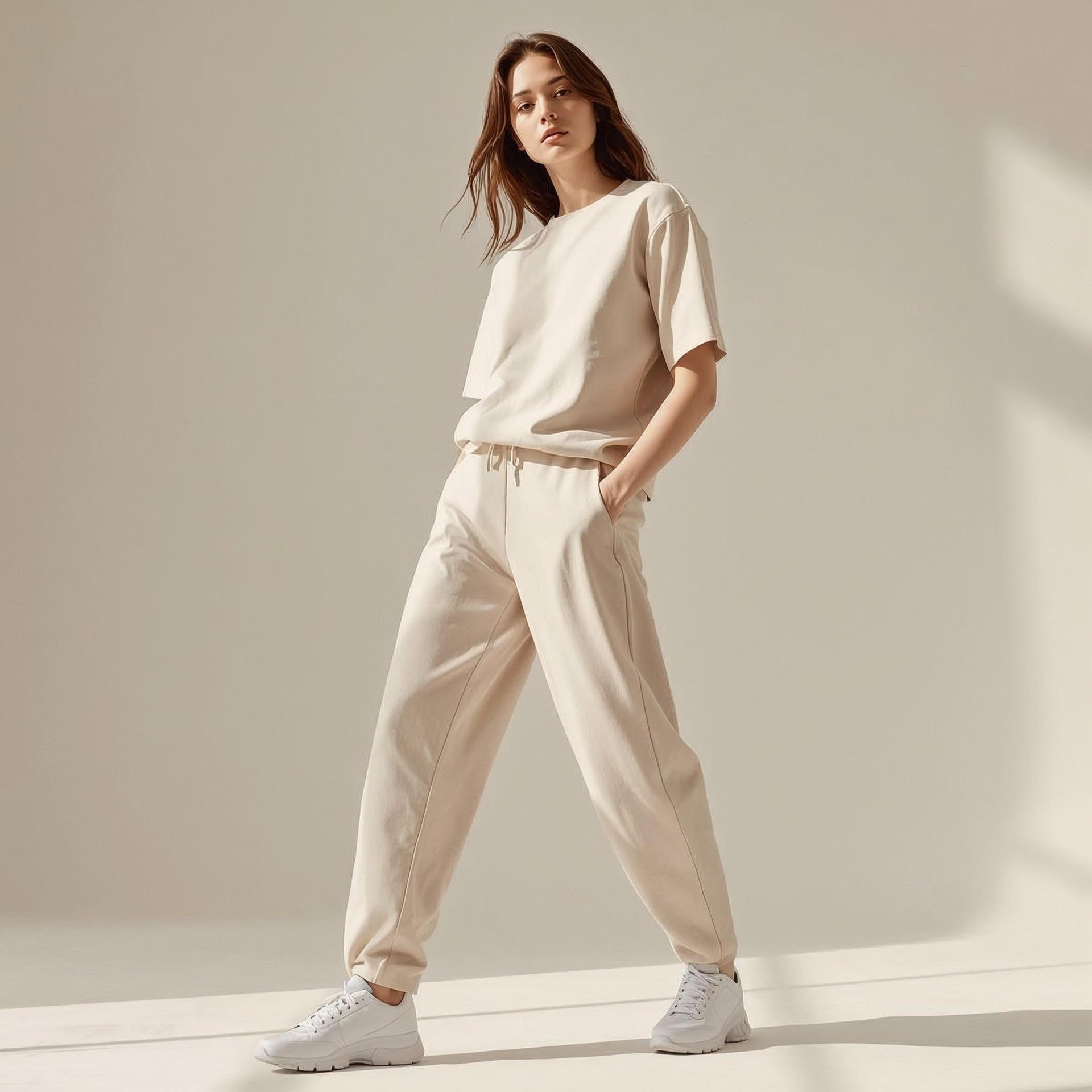 Explore minimal women’s pants and joggers with soft fabrics and clean silhouettes. Perfect for everyday comfort, streetwear, and active lifestyle.