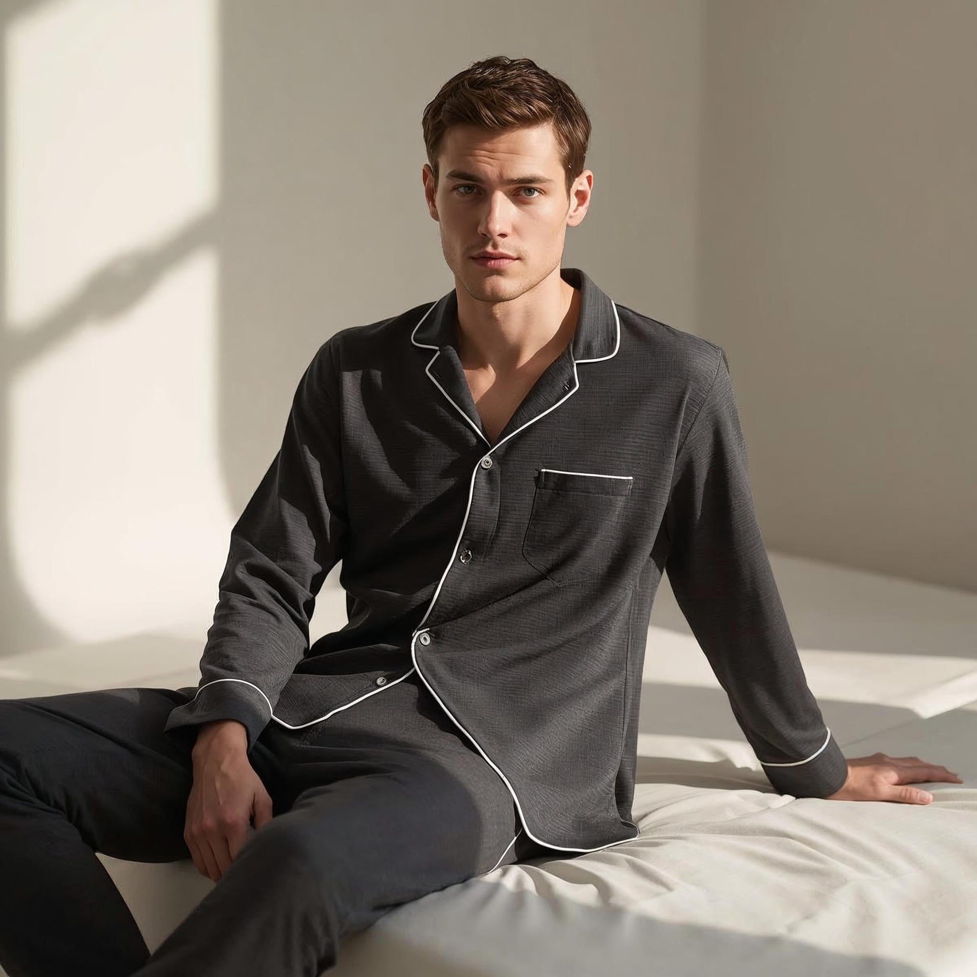 Explore minimal men’s sleepwear with breathable fabrics and relaxed silhouettes. Designed for comfort, lounging, and restful nights.