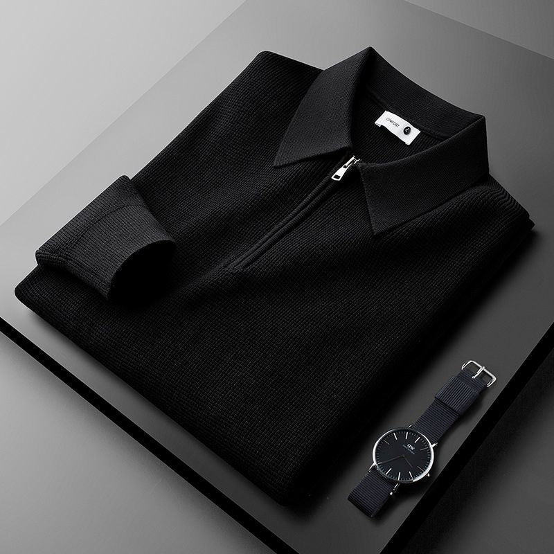 Nameria Half Zip Lapel Collar Waffle Knit Polo Long Sleeve