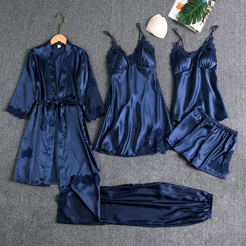 Nameria Women's Silk-like 5-Piece Pajama Set Robe Camisole Shorts Pants