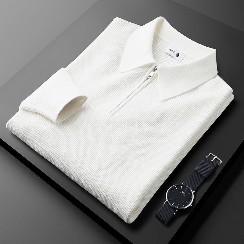 Nameria Half Zip Lapel Collar Waffle Knit Polo Long Sleeve