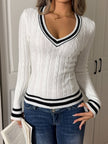 Nameria Striped V-neck Long Sleeve Knit Sweater Slim Fit
