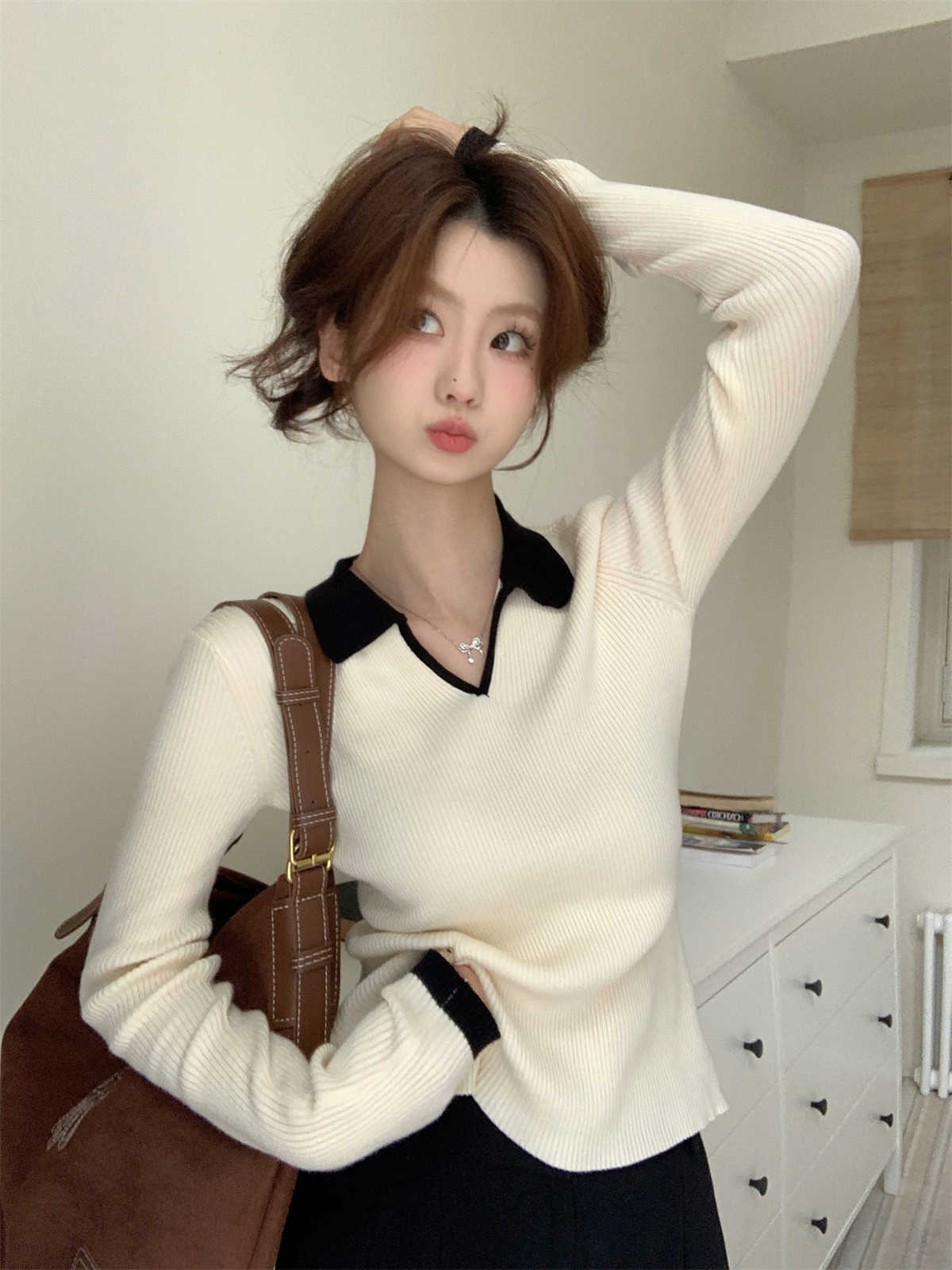 Nameria Polo Collar Ribbed Knit Top Long Sleeve Color Block