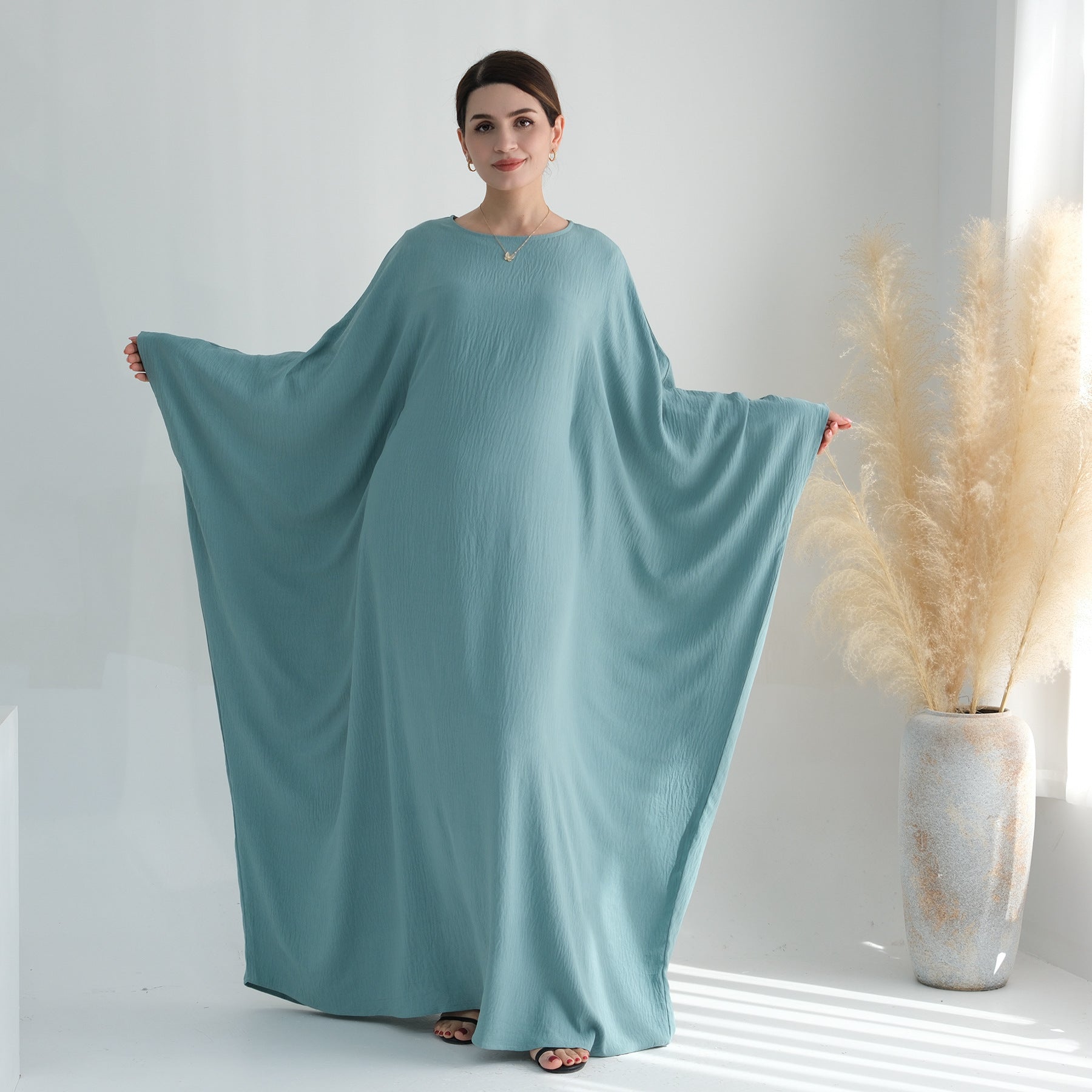 Nameria Womens Bat Sleeve Long Dress With Belt Crewneck