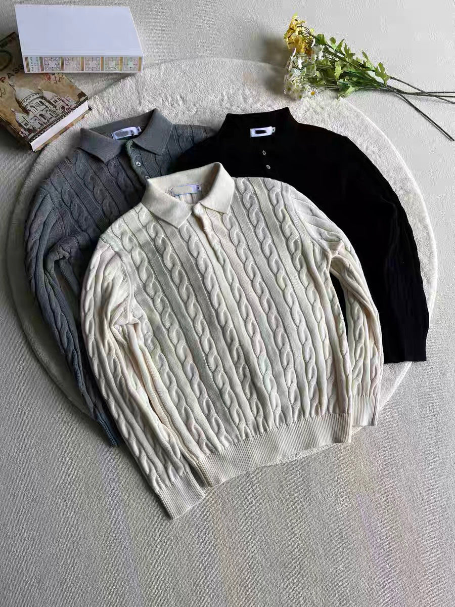 Nameria Cable Knit Polo Collar Long Sleeve Pullover Loose Fit