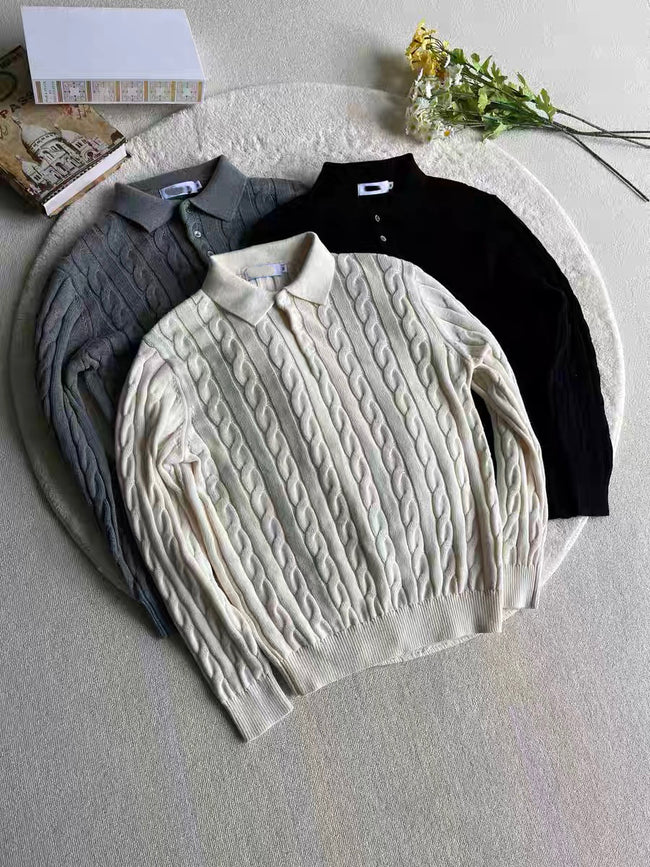 Nameria Cable Knit Polo Collar Long Sleeve Pullover Loose Fit