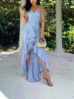 Nameria Mesh Pleated V Neck Sleeveless High Waist Long Dress