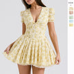 Nameria Floral Puff Sleeve A-line Short Dress V-neck High Waist