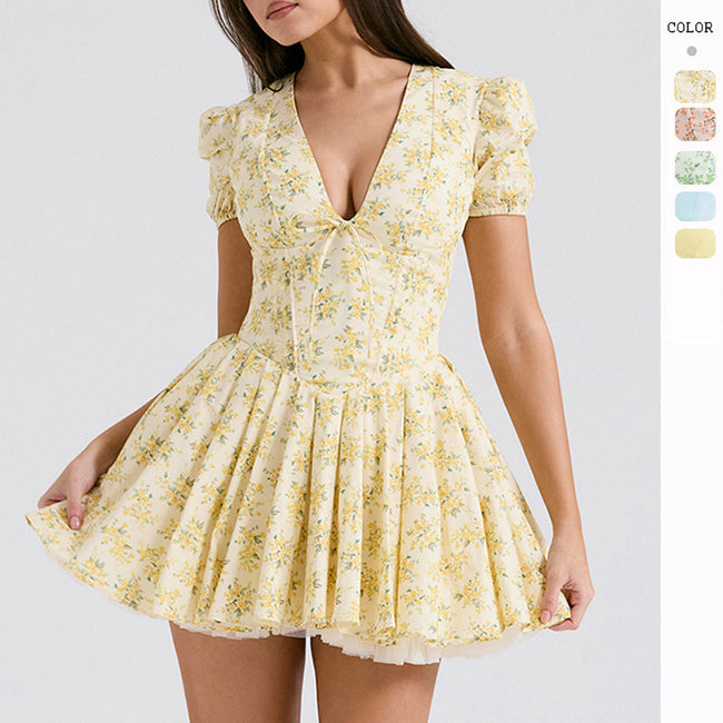 Nameria Floral Puff Sleeve A-line Short Dress V-neck High Waist