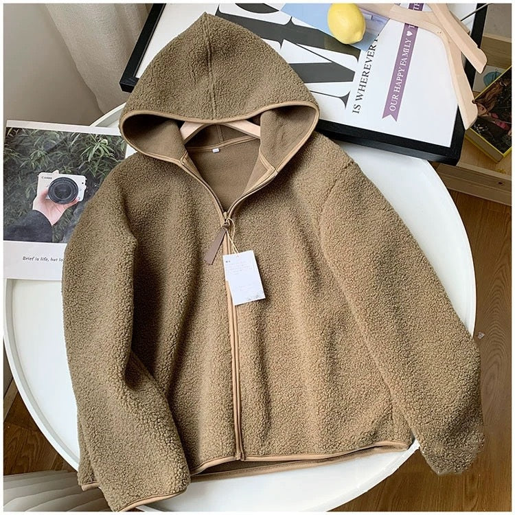 Nameria Faux Shearling Fleece Hooded Zip Jacket