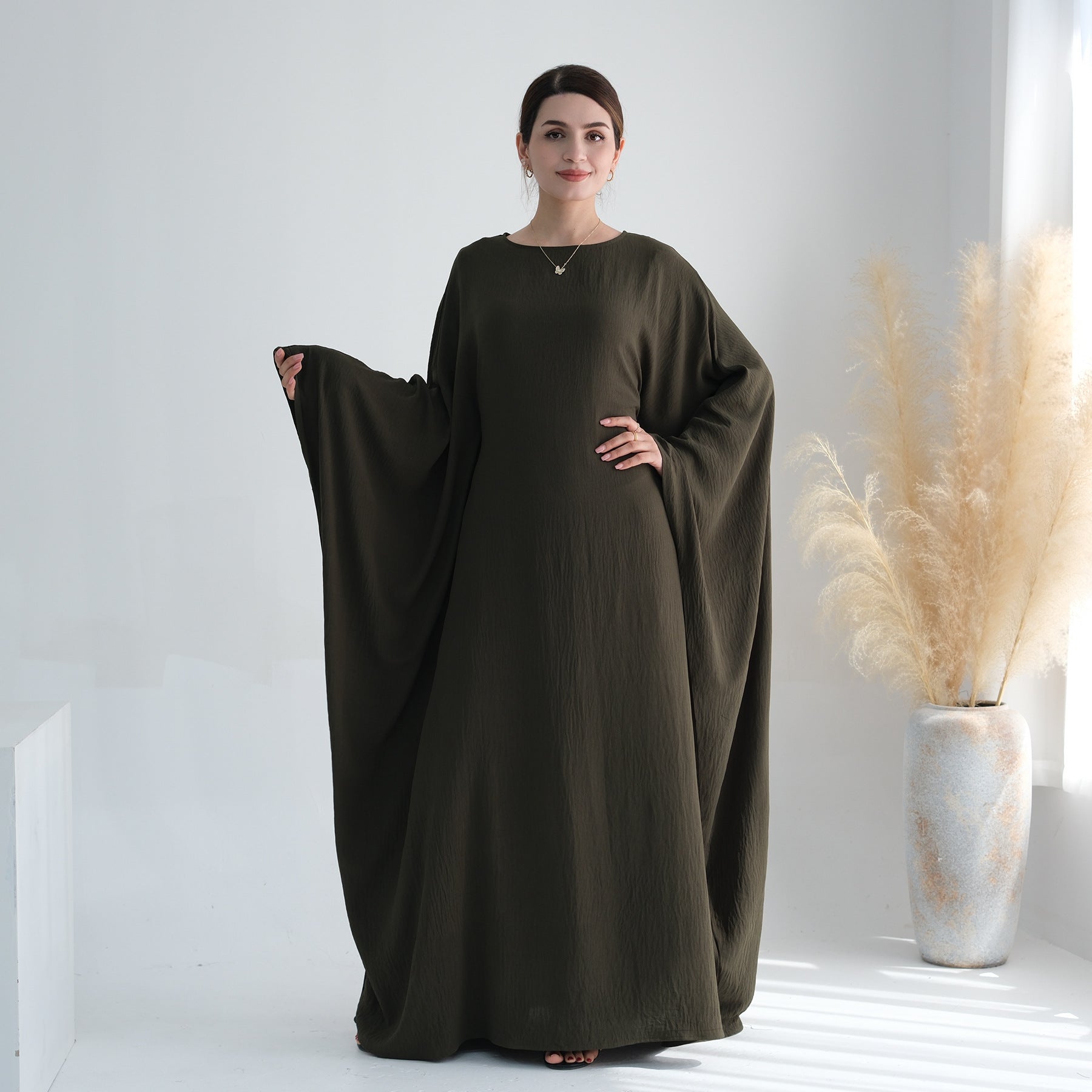 Nameria Womens Bat Sleeve Long Dress With Belt Crewneck