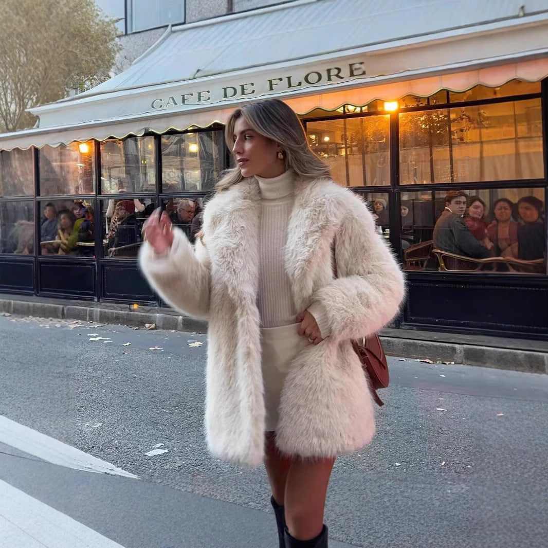 Nameria Faux Fur Mid Length Coat Extended Collar