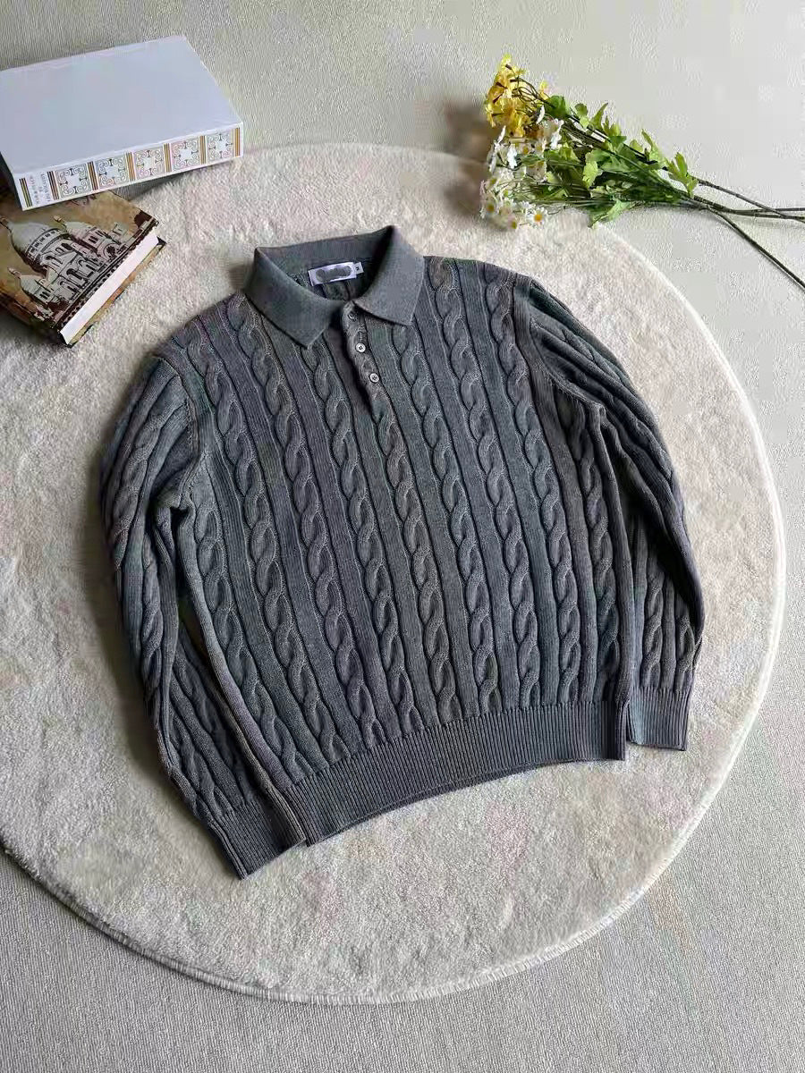 Nameria Cable Knit Polo Collar Long Sleeve Pullover Loose Fit