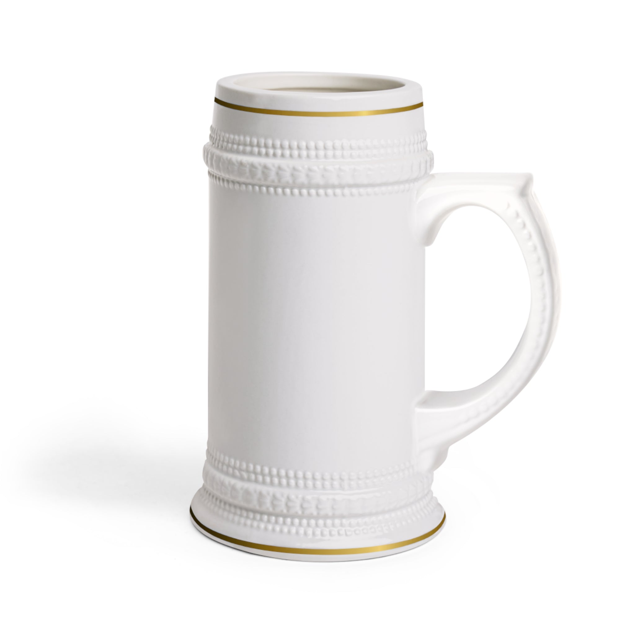 Customizable 22oz White Ceramic Beer Stein Mug with Gold Detail