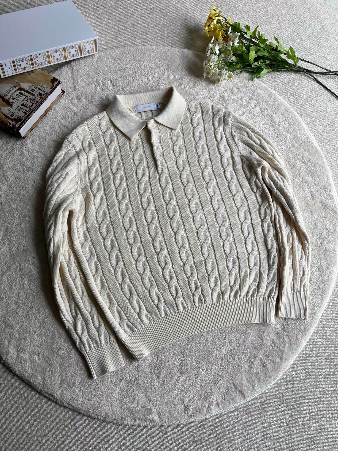 Nameria Cable Knit Polo Collar Long Sleeve Pullover Loose Fit