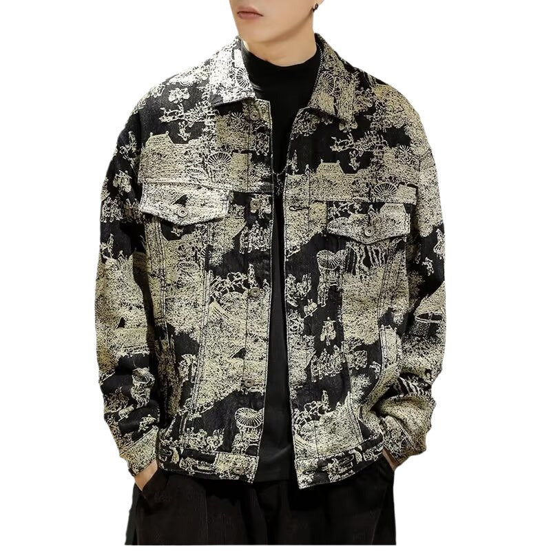 Nameria Camouflage Embroidered Denim Jacket with Lapel Collar