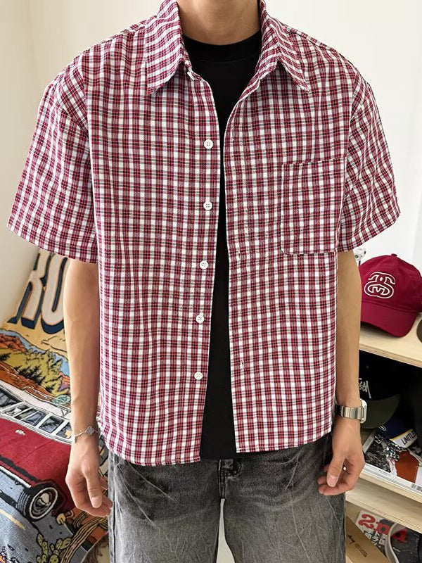 Nameria Unisex Vintage Plaid Short Sleeve Shirt Cotton Blend Loose Fit