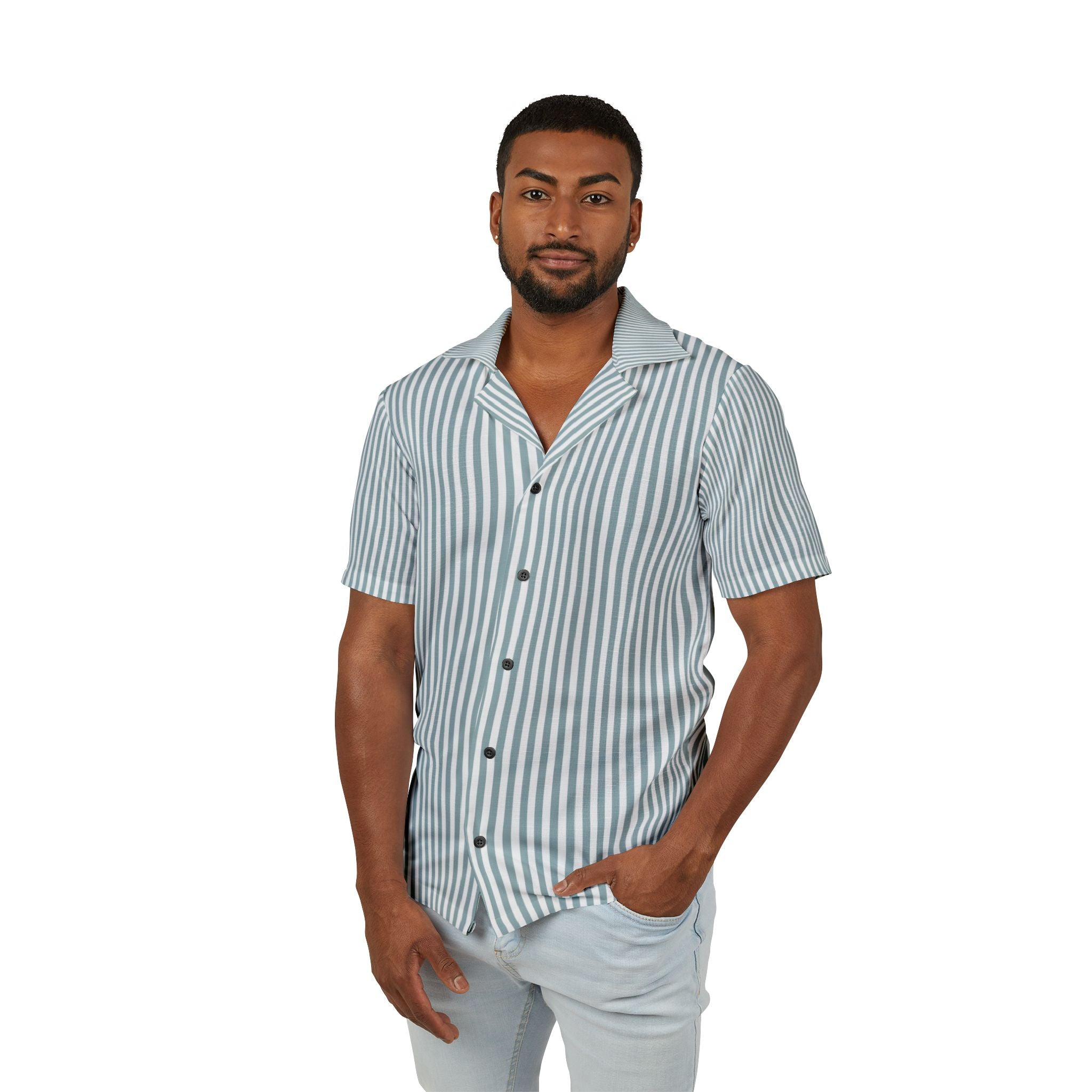 Men's Camp Collar Shirt | Linen-Texture Polyester Stripe
