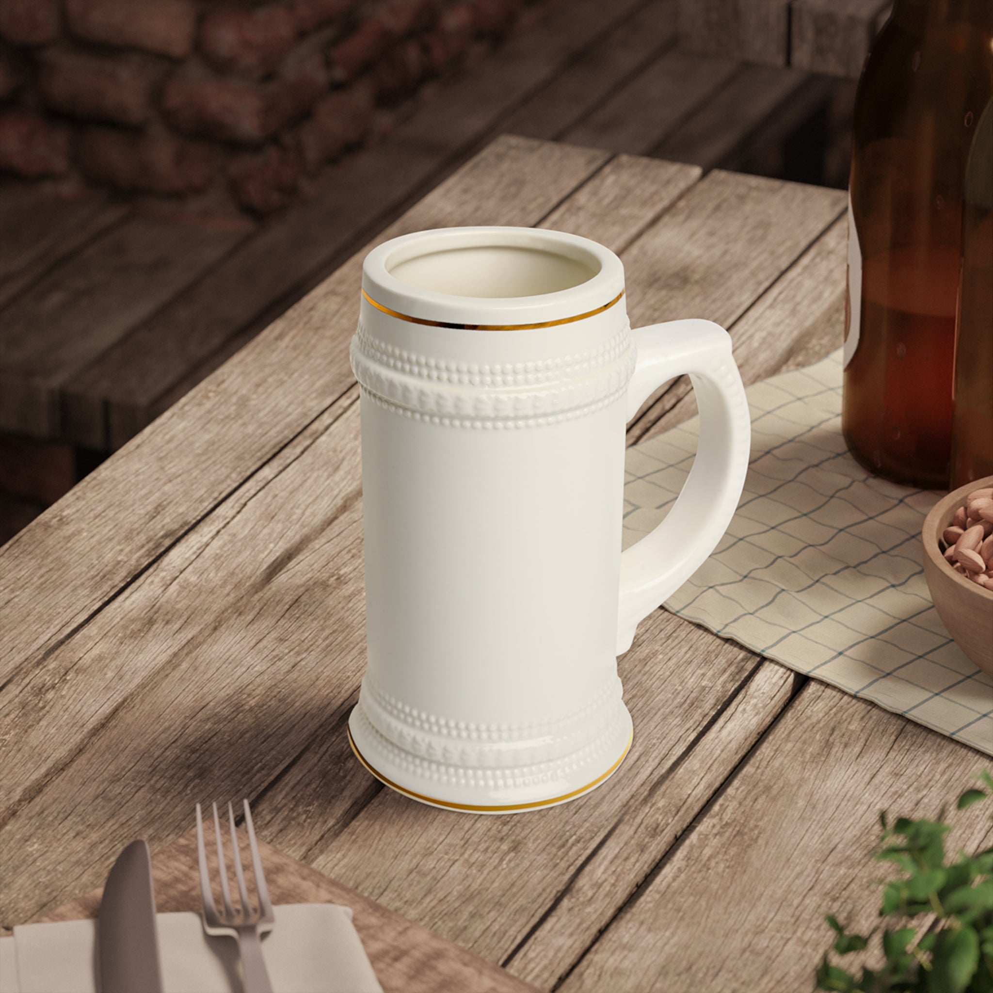Customizable 22oz White Ceramic Beer Stein Mug with Gold Detail