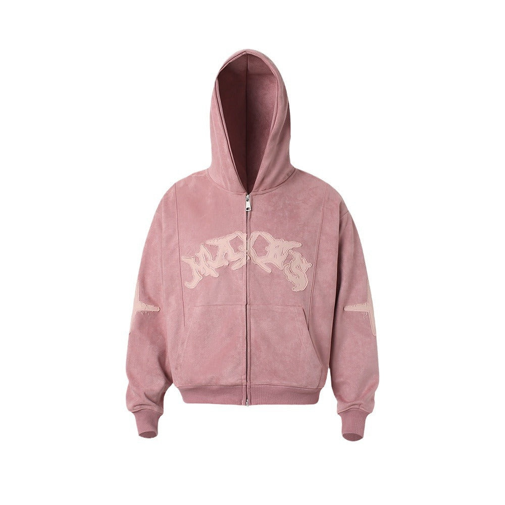 Nameria Unisex Embroidered Letter Zip Hoodie Suede Touch Loose Fit