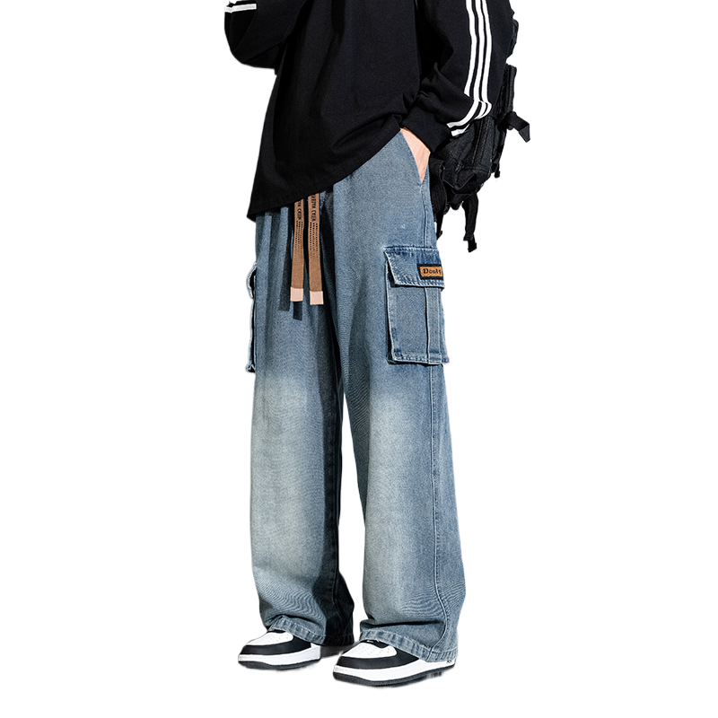 Nameria Men Vintage Washed Wide Leg Pants High Waist Zipper Placket