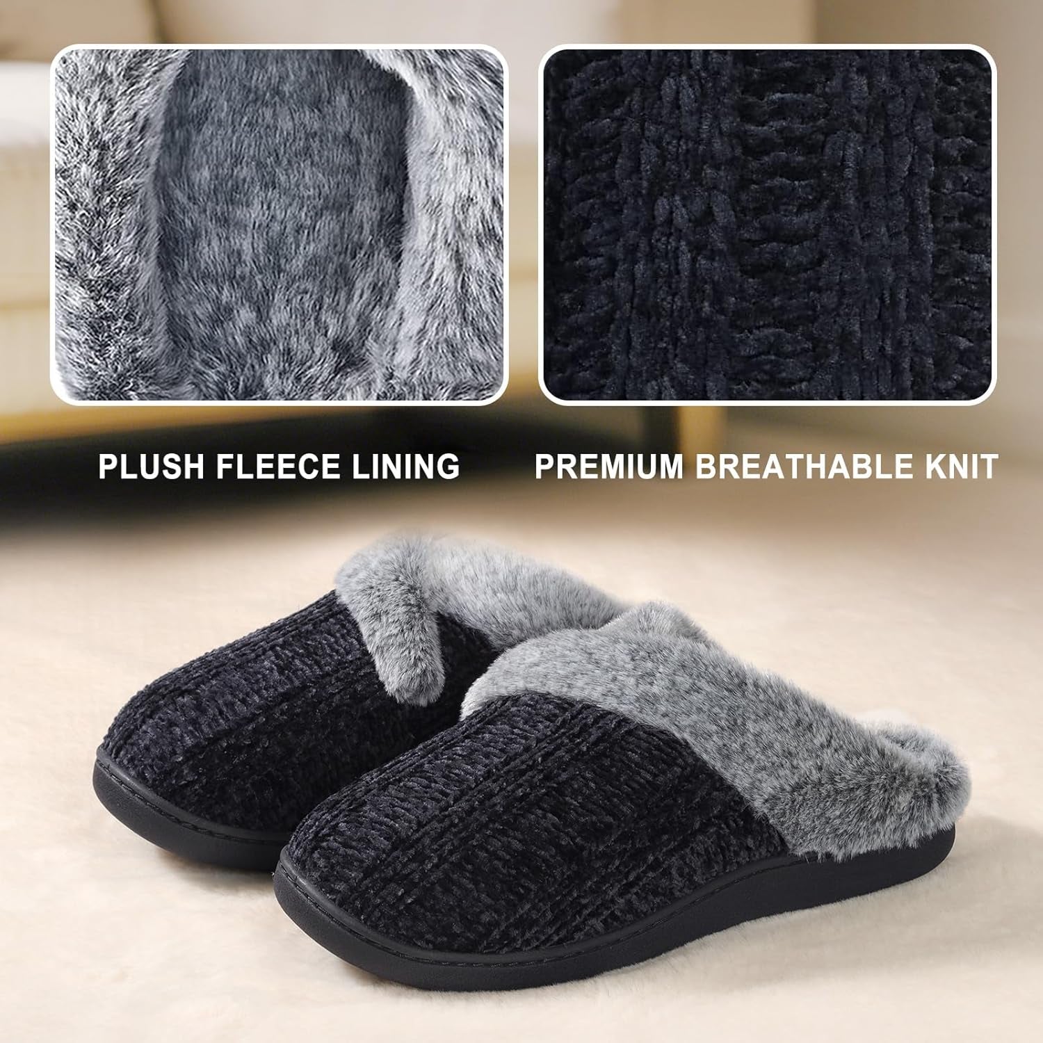 Women’s Fuzzy Memory Foam House Slippers – Indoor Outdoor Cozy Knit Slip-On with Plush Lining & Anti-Skid Rubber Sole