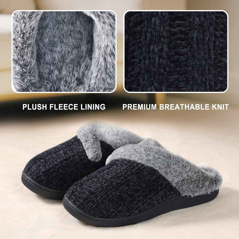 Women’s Fuzzy Memory Foam House Slippers – Indoor Outdoor Cozy Knit Slip-On with Plush Lining & Anti-Skid Rubber Sole