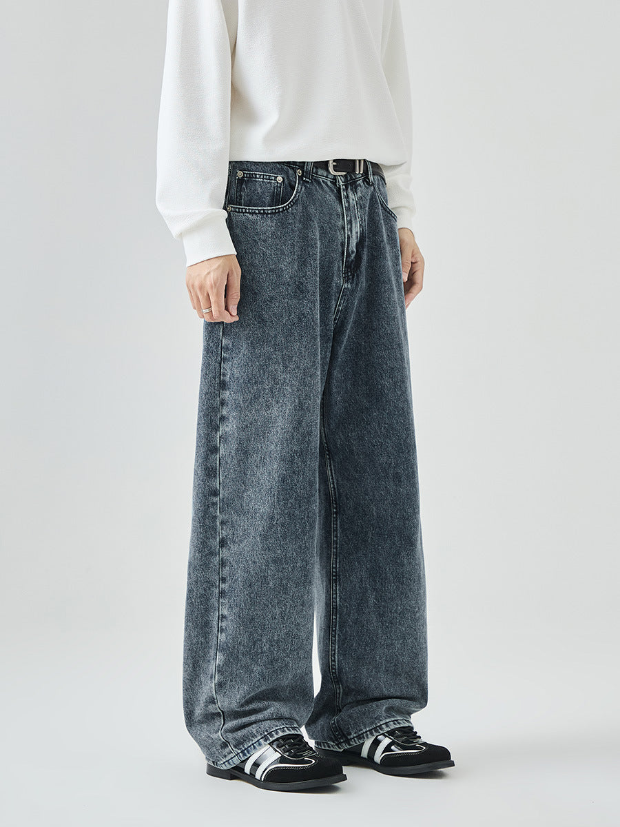 Nameria Washed Denim Loose Straight Long Pants Mid-rise