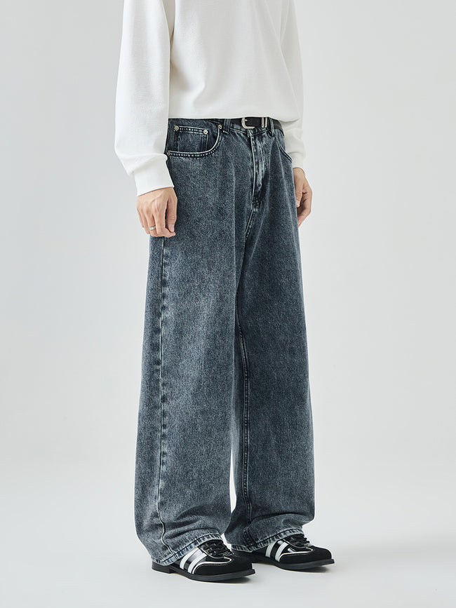 Nameria Washed Denim Loose Straight Long Pants Mid-rise
