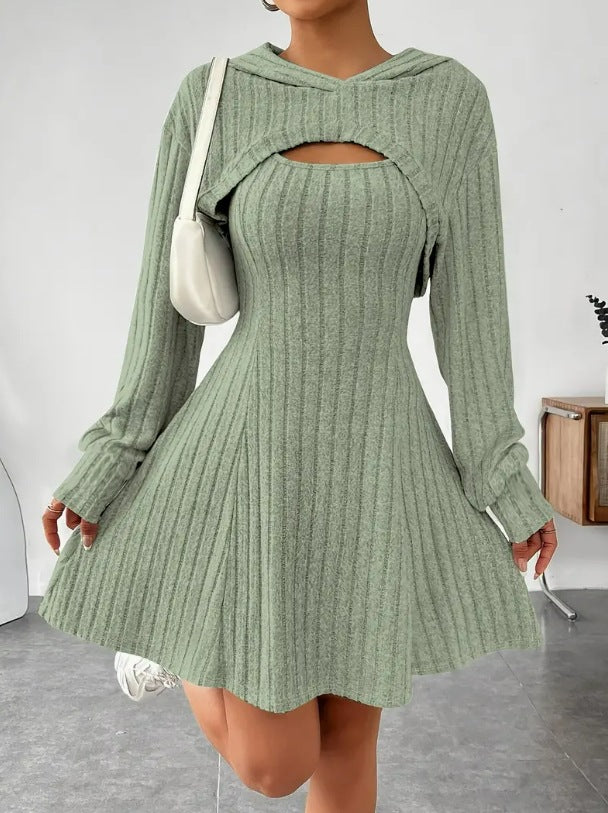 Nameria Square Neck A-Line Dress Set Hooded Top and Tank Dress