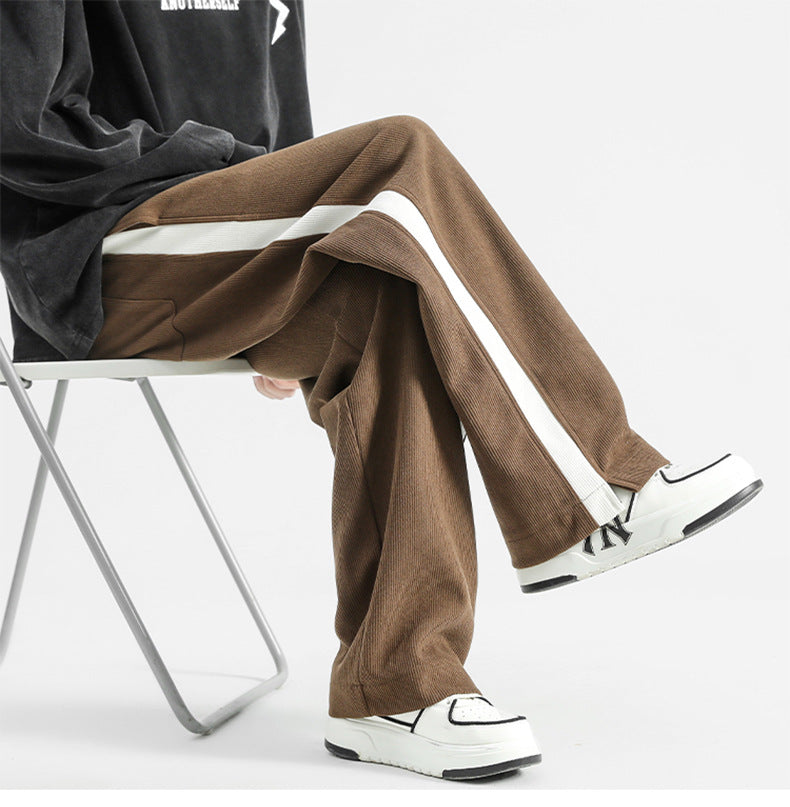 Nameria Men Corduroy Straight-leg Sweatpants Side Stripe Elastic Waist