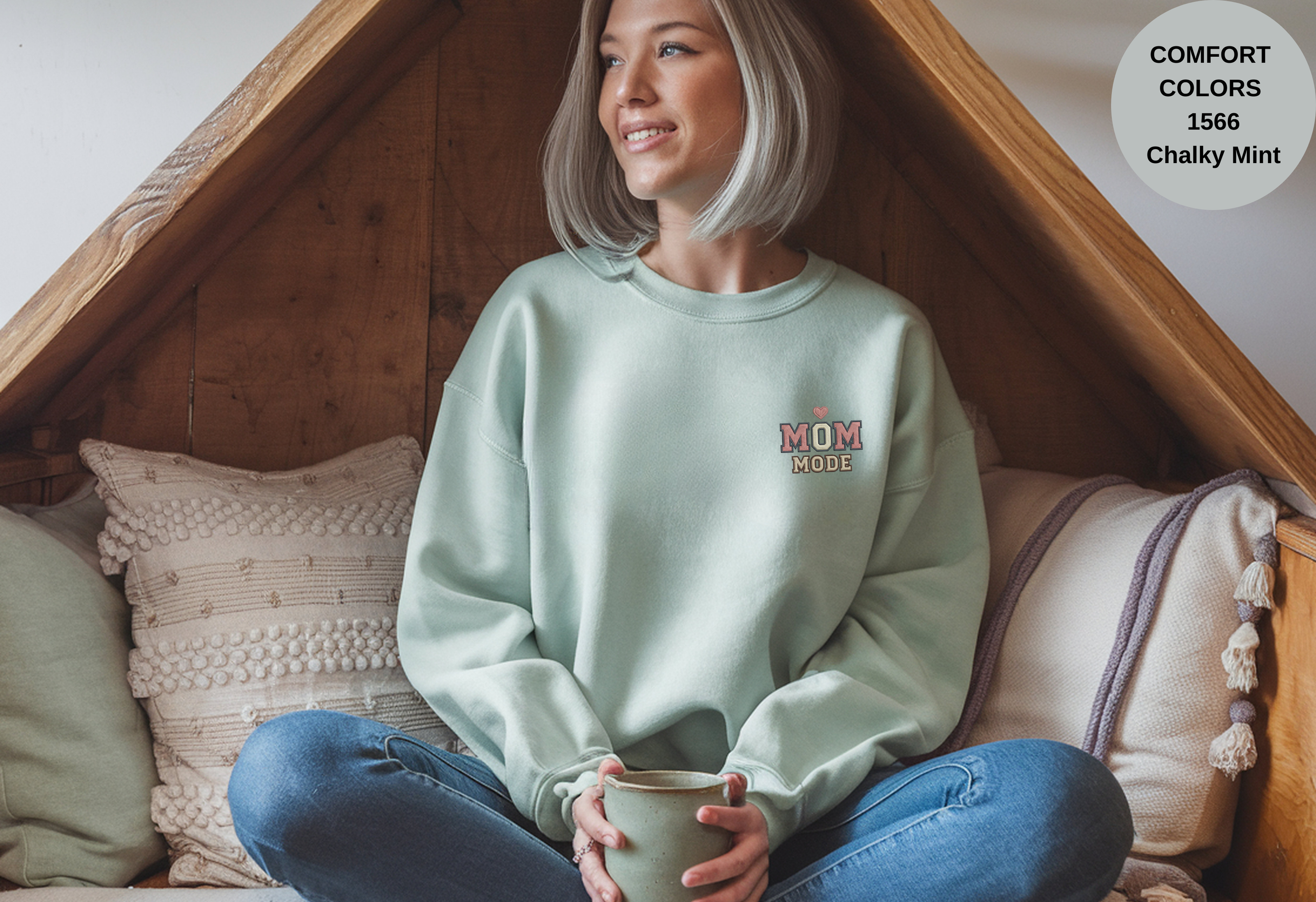 Unisex Garment-Dyed Sweatshirt with Mom Mode Embroidery