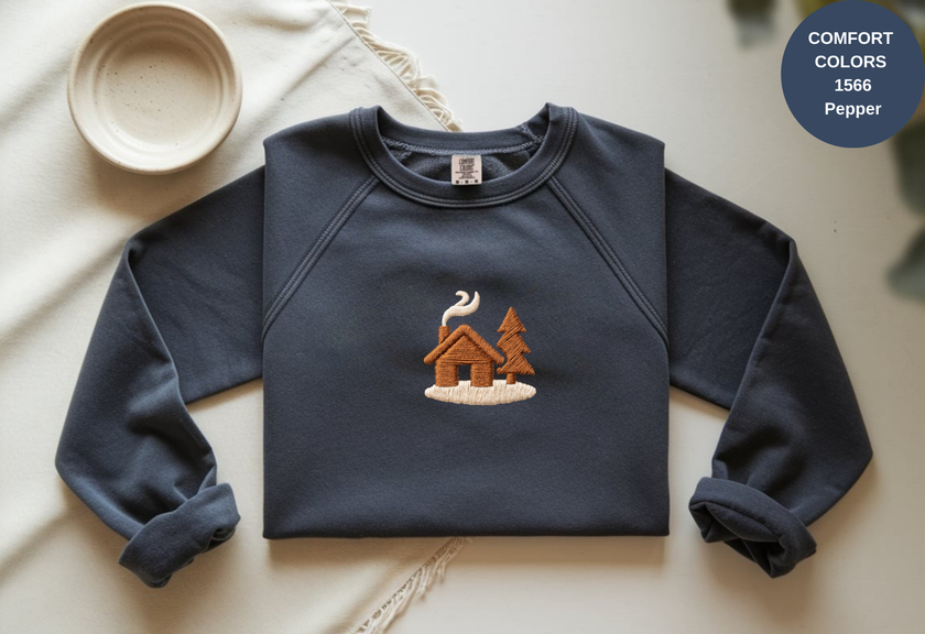 Unisex Garment-Dyed Sweatshirt with Cozy Cabin Embroidery