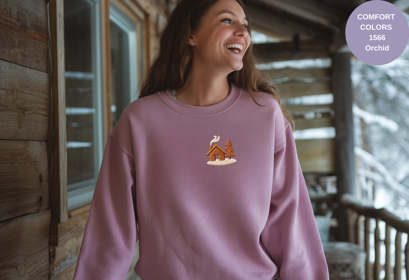 Unisex Garment-Dyed Sweatshirt with Cozy Cabin Embroidery
