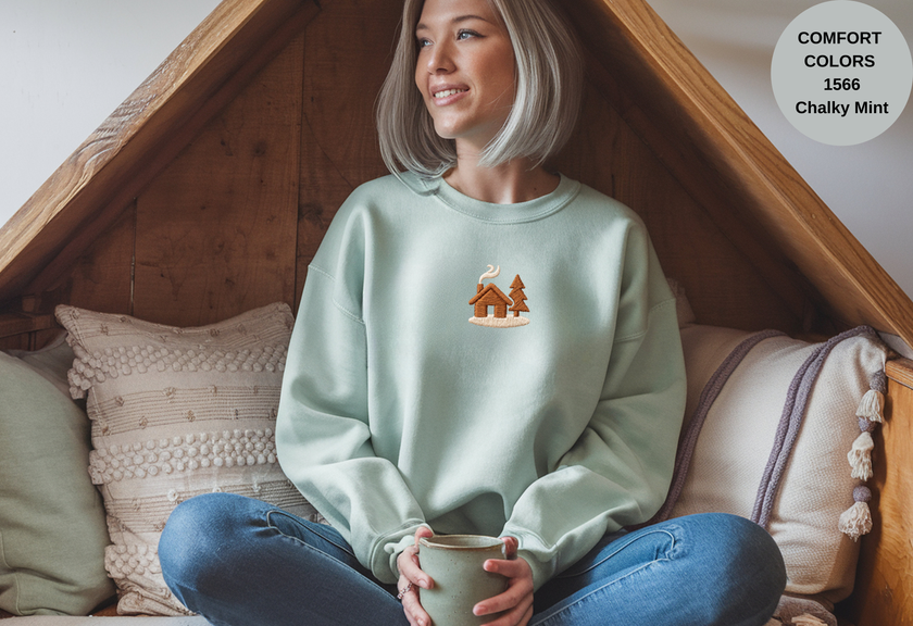 Unisex Garment-Dyed Sweatshirt with Cozy Cabin Embroidery