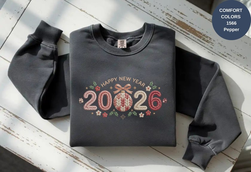 Happy New Year 2026 Knitted-Style Print Sweatshirt – Unisex Garment-Dyed