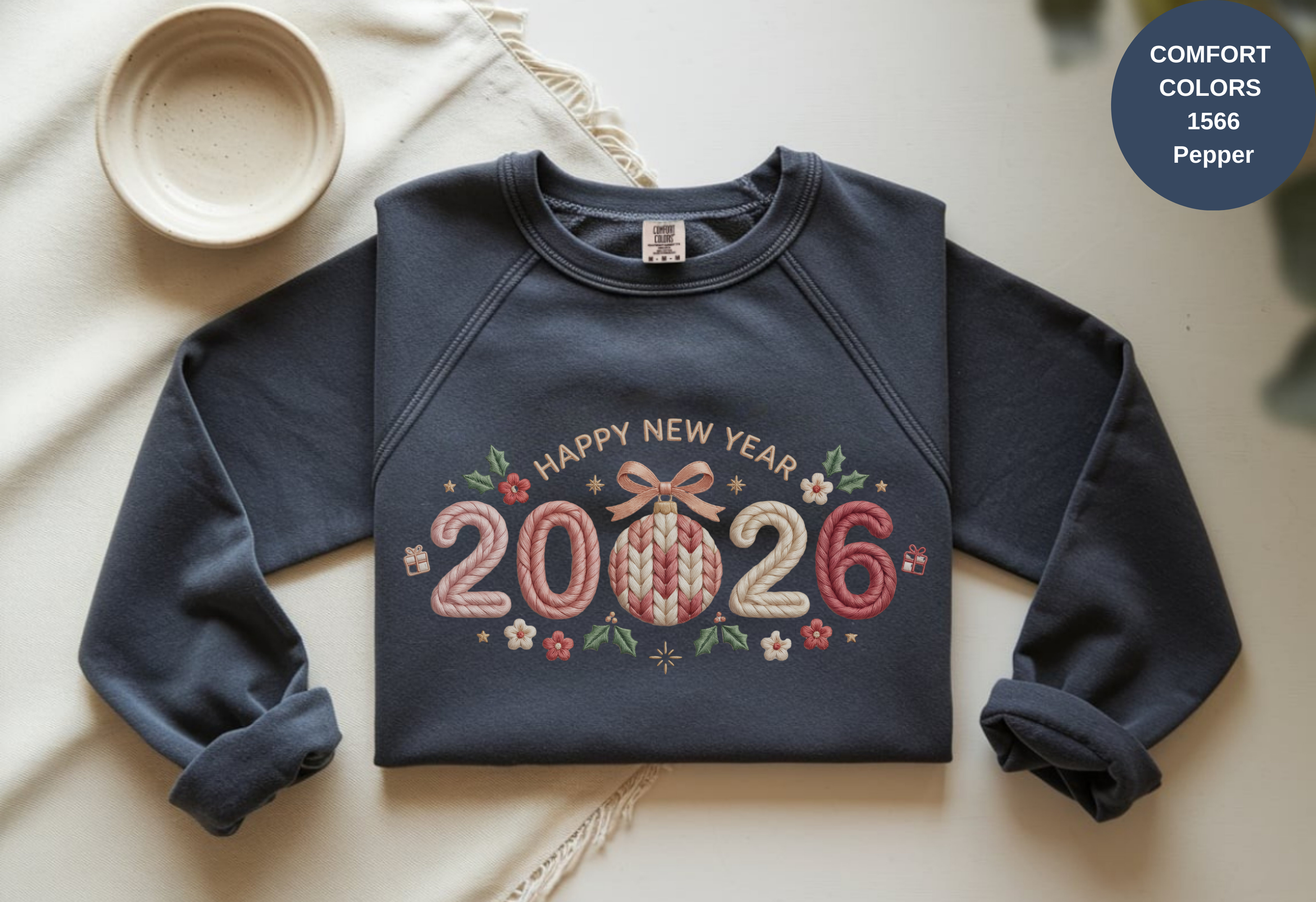 Happy New Year 2026 Knitted-Style Print Sweatshirt – Unisex Garment-Dyed