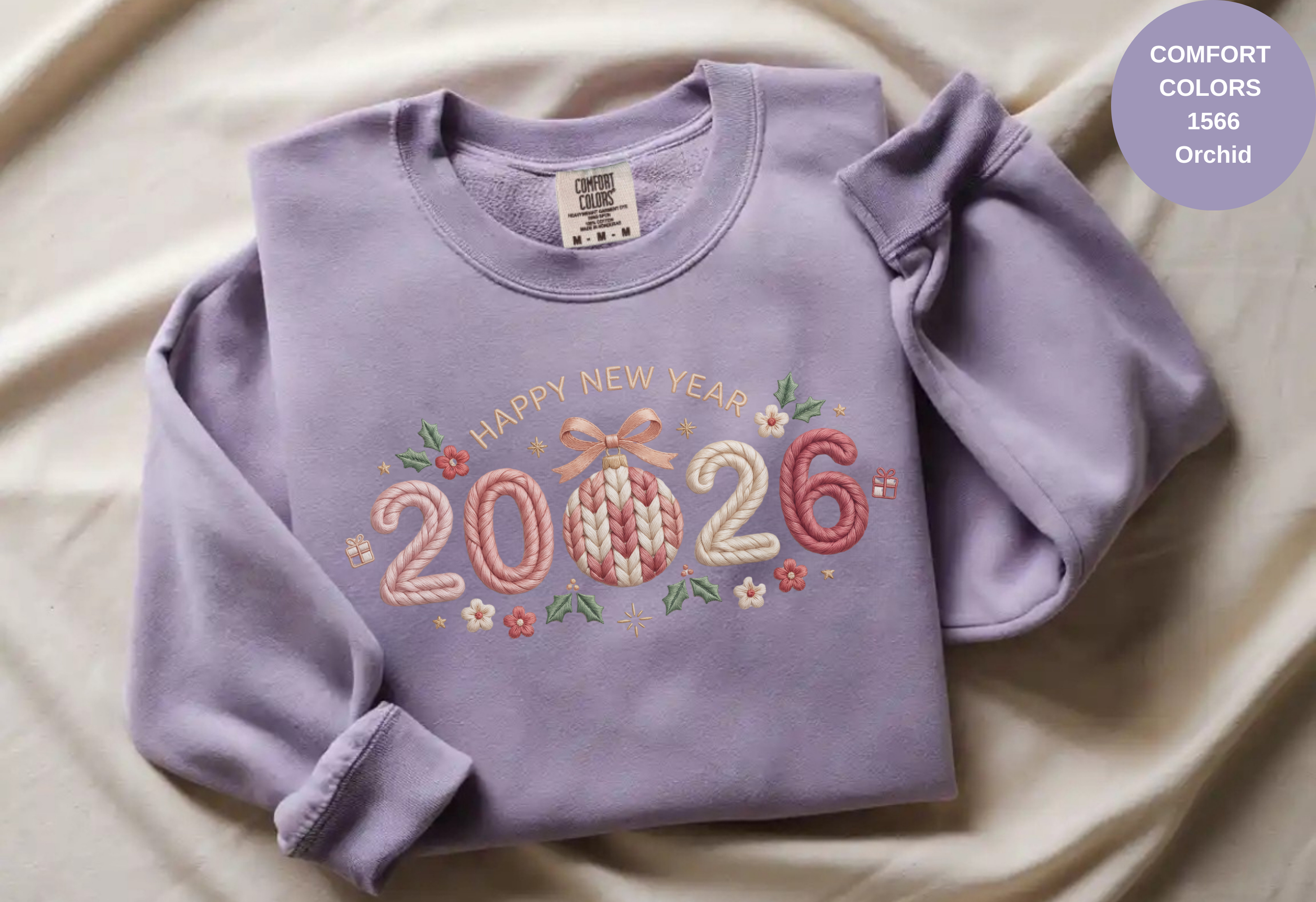 Happy New Year 2026 Knitted-Style Print Sweatshirt – Unisex Garment-Dyed