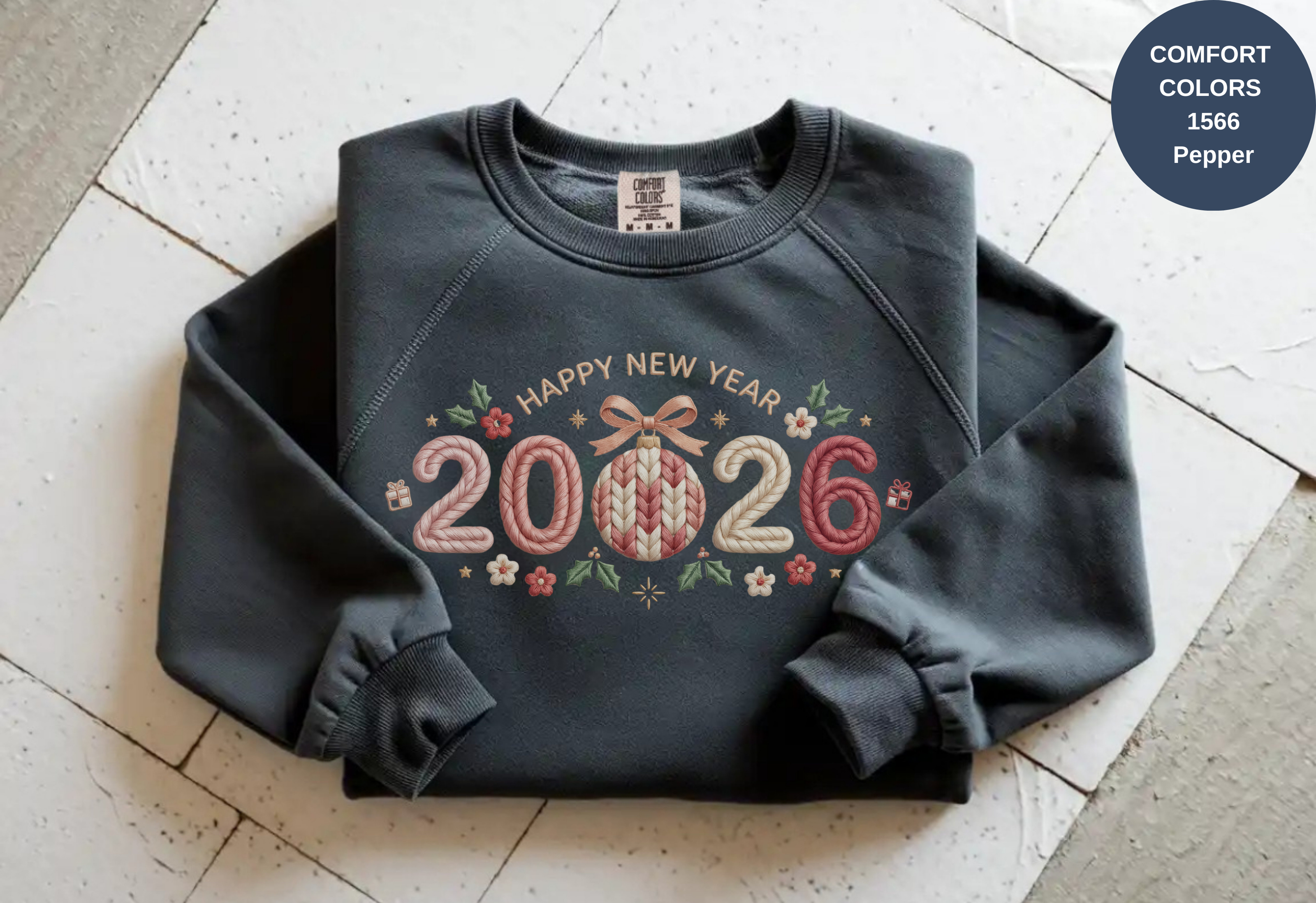 Happy New Year 2026 Knitted-Style Print Sweatshirt – Unisex Garment-Dyed