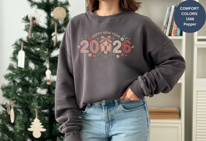 Happy New Year 2026 Knitted-Style Print Sweatshirt – Unisex Garment-Dyed