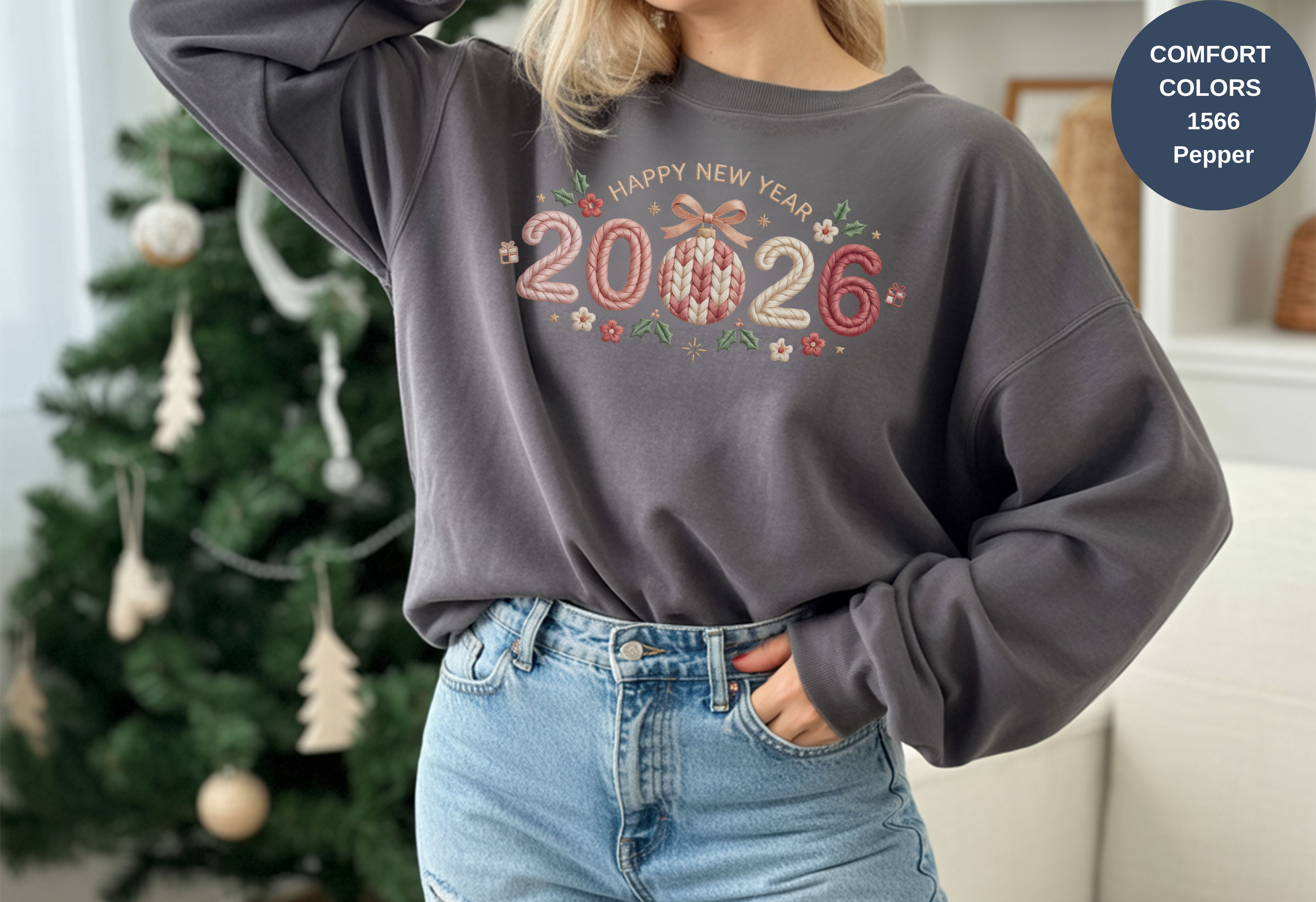 Happy New Year 2026 Knitted-Style Print Sweatshirt – Unisex Garment-Dyed