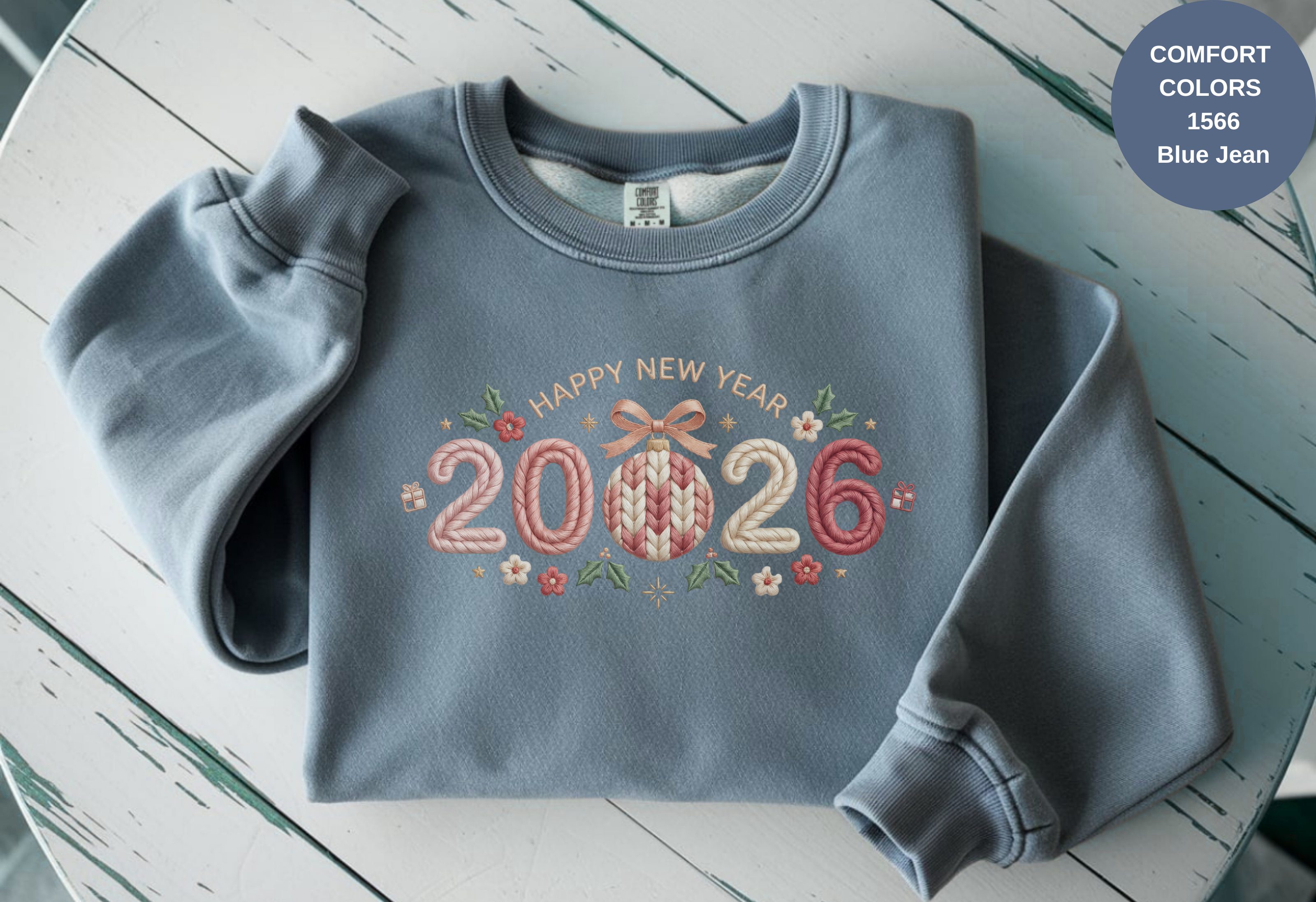 Happy New Year 2026 Knitted-Style Print Sweatshirt – Unisex Garment-Dyed