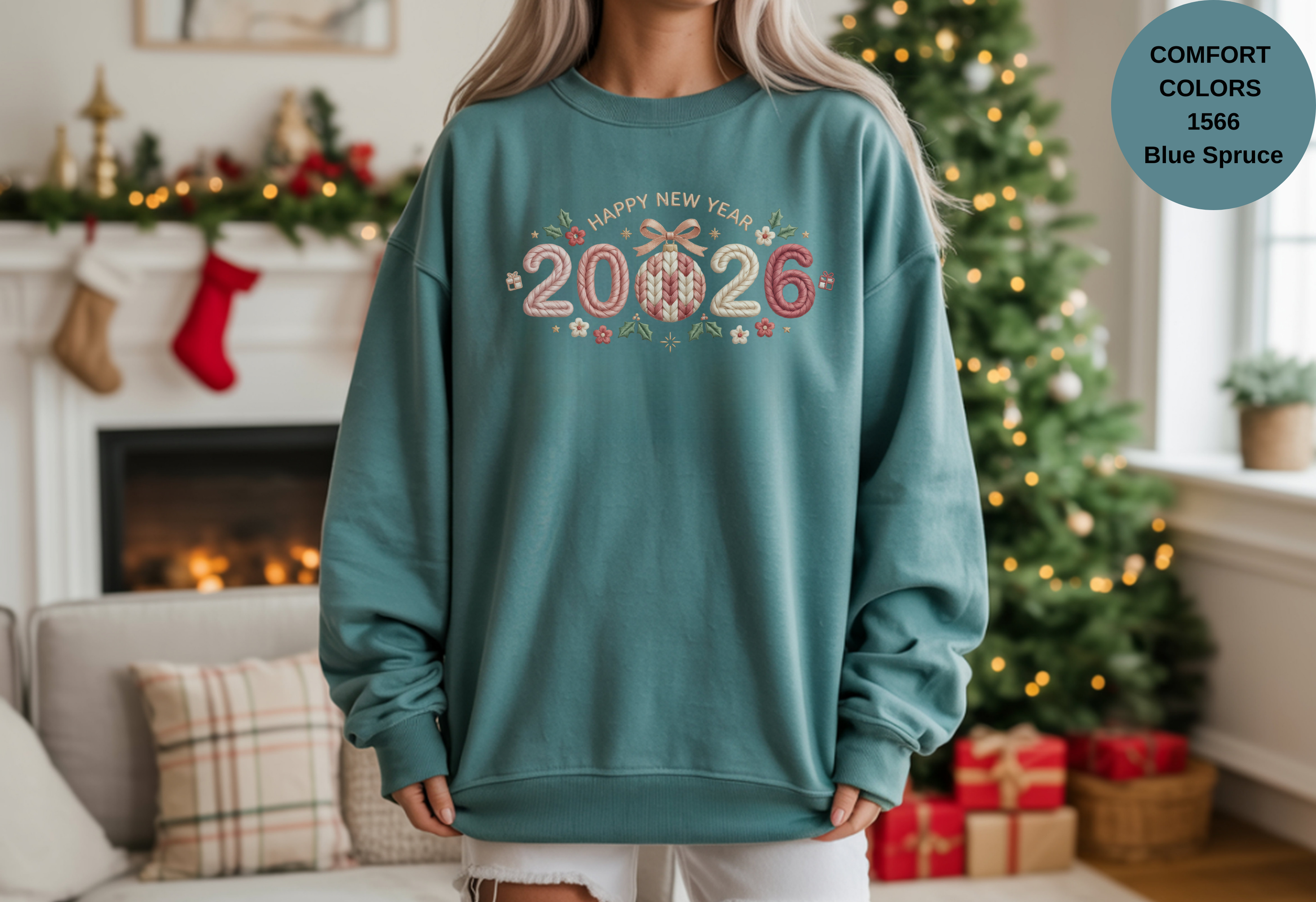 Happy New Year 2026 Knitted-Style Print Sweatshirt – Unisex Garment-Dyed