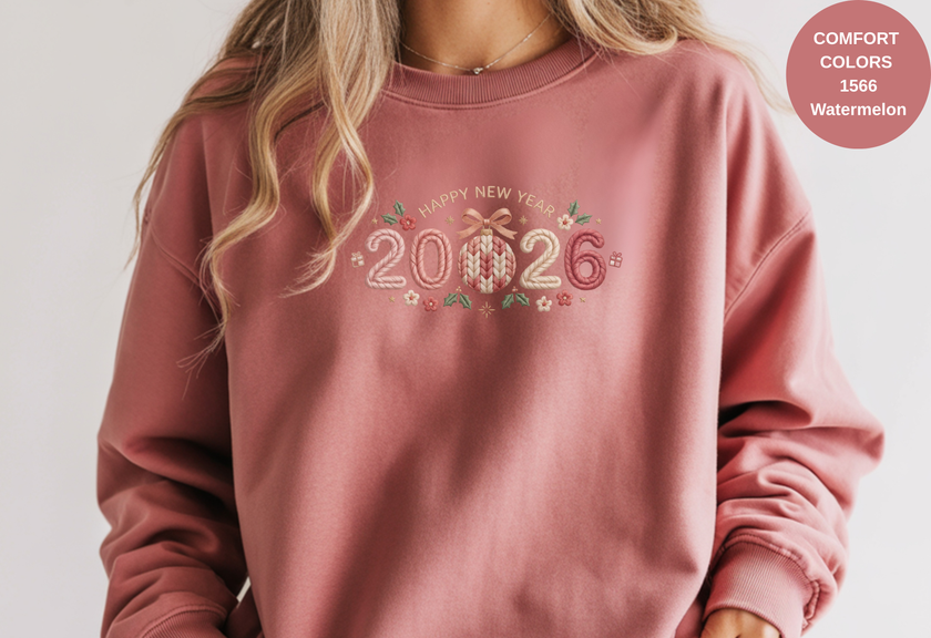 Happy New Year 2026 Knitted-Style Print Sweatshirt – Unisex Garment-Dyed