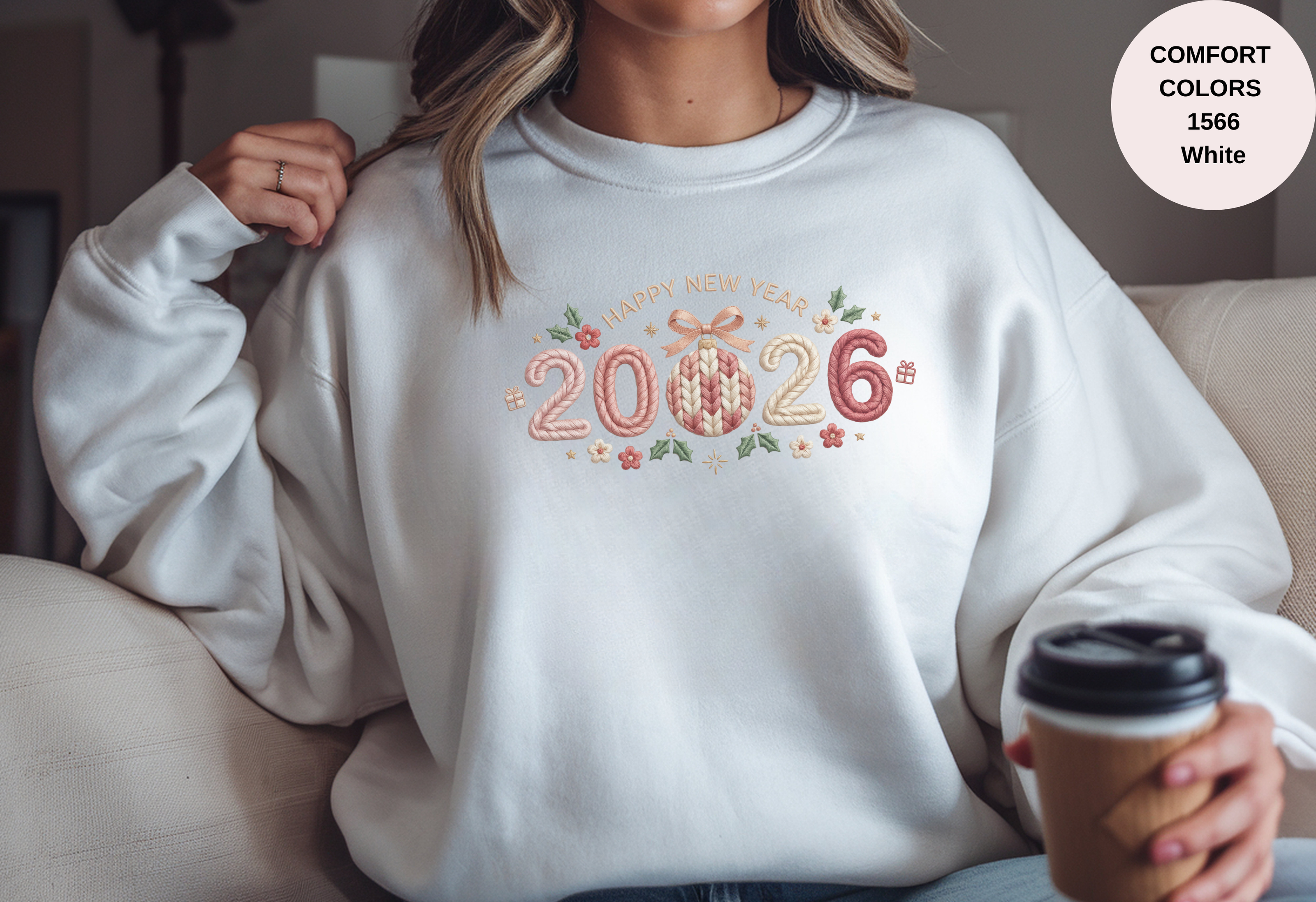 Happy New Year 2026 Knitted-Style Print Sweatshirt – Unisex Garment-Dyed