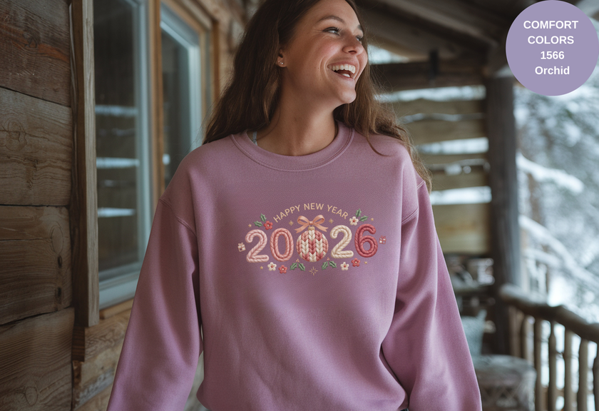 Happy New Year 2026 Knitted-Style Print Sweatshirt – Unisex Garment-Dyed