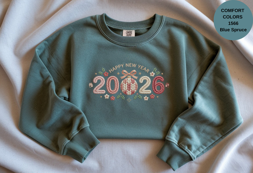 Happy New Year 2026 Knitted-Style Print Sweatshirt – Unisex Garment-Dyed
