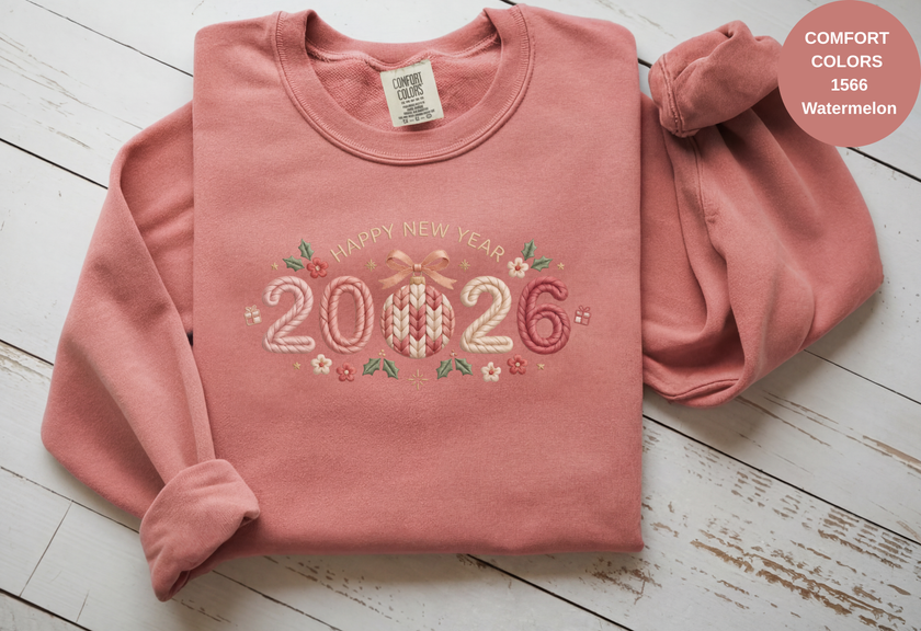 Happy New Year 2026 Knitted-Style Print Sweatshirt – Unisex Garment-Dyed