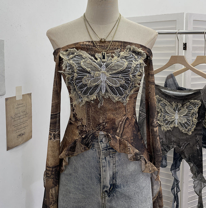 Nameria One-Shoulder Butterfly Embroidered Mesh Top