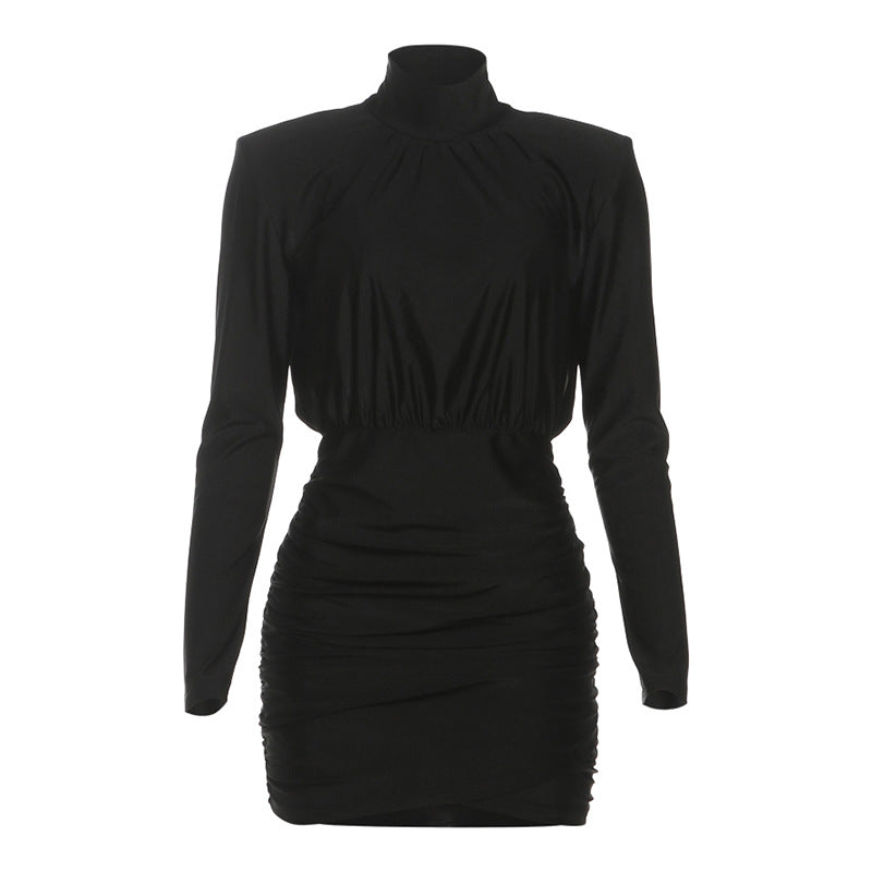 Nameria High Neck Long Sleeve Bodycon Mini Dress Ruched Knit